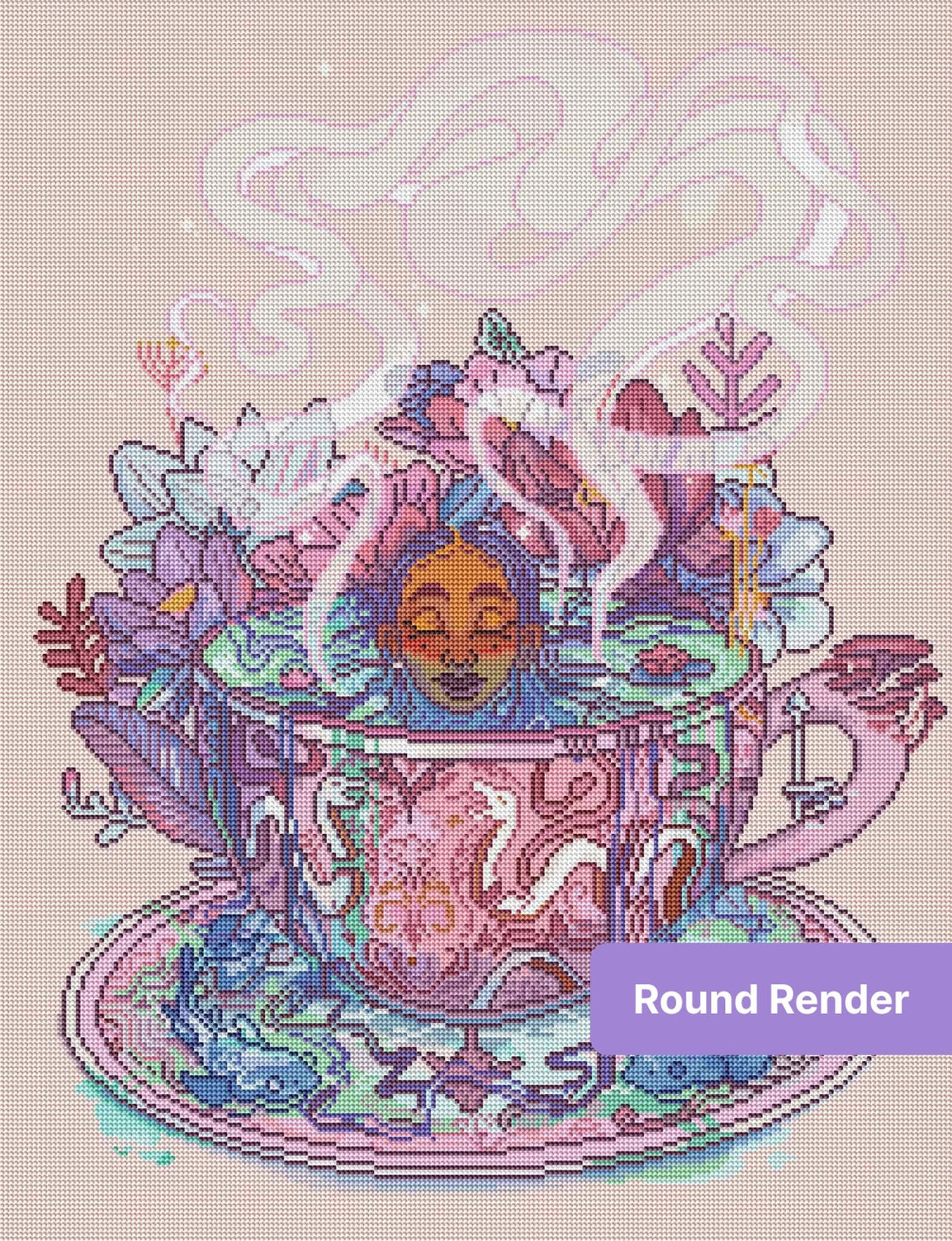 Pastel floral tea cup illustration with serene face, steaming swirl, and decorative pattern details