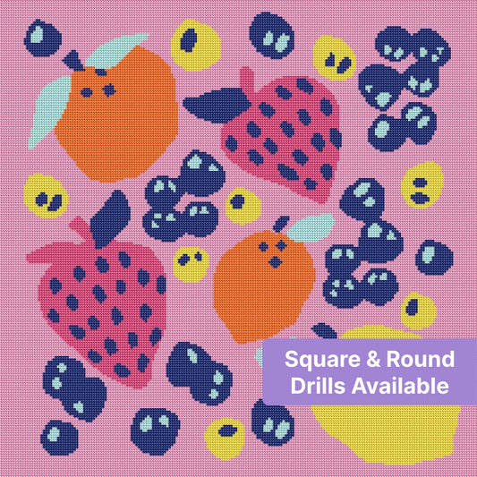 Colorful pop art fruit pattern with bright tropical shapes on a pink background