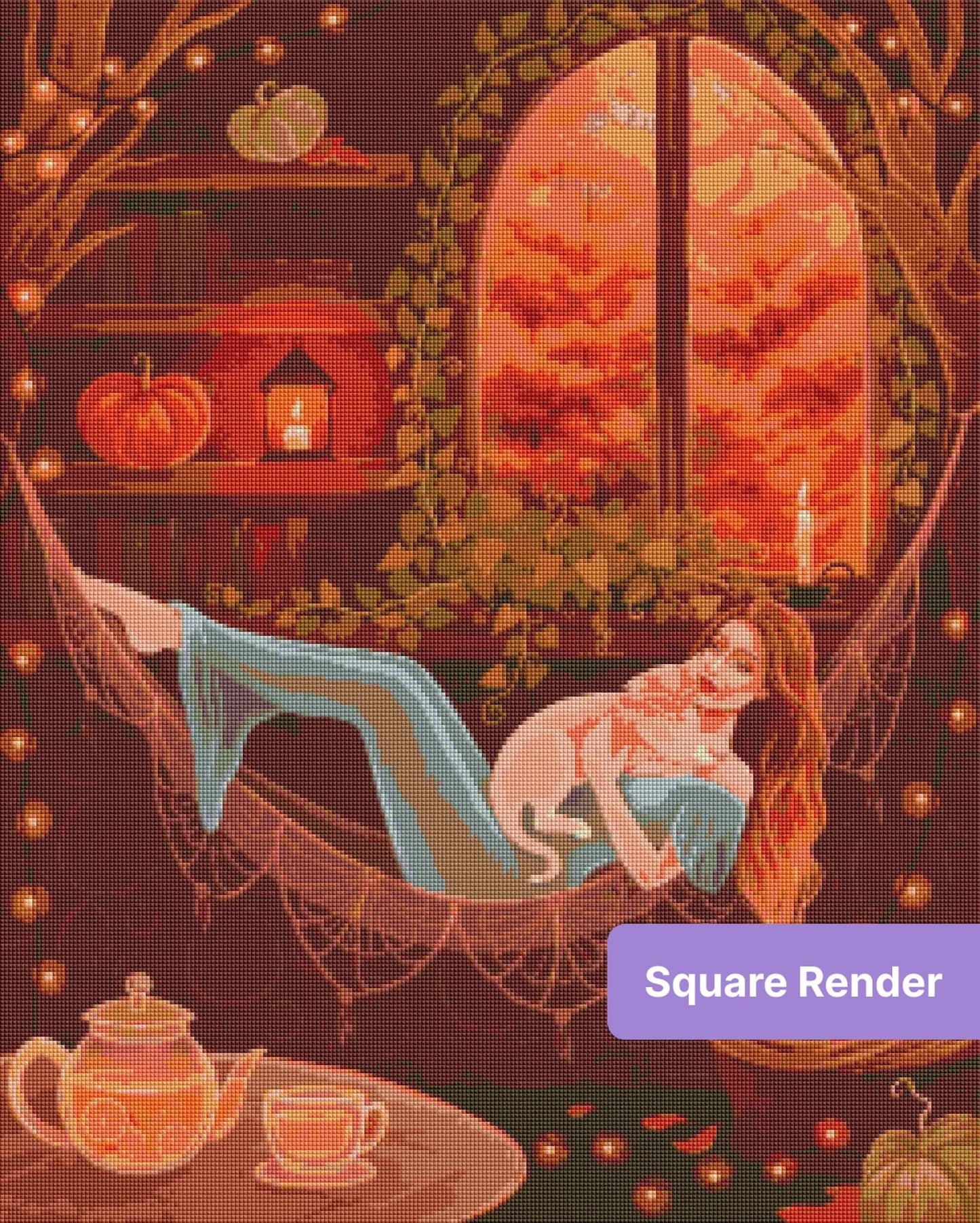 Woman lounging with cat in a cozy autumn room with candles, pumpkins, and warm glowing light