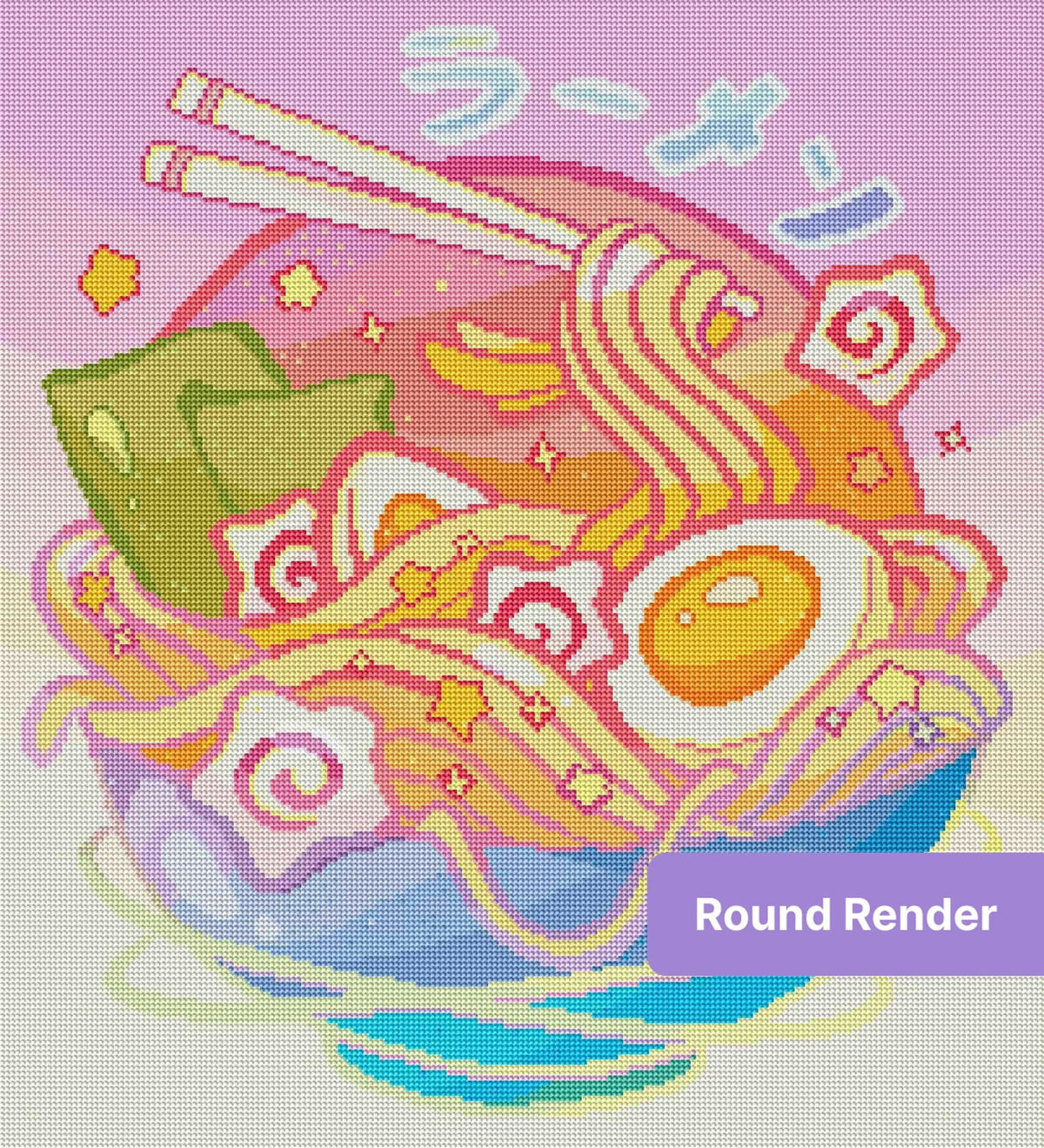 Whimsical rainbow ramen bowl diamond painting with chopsticks and playful pastel swirls