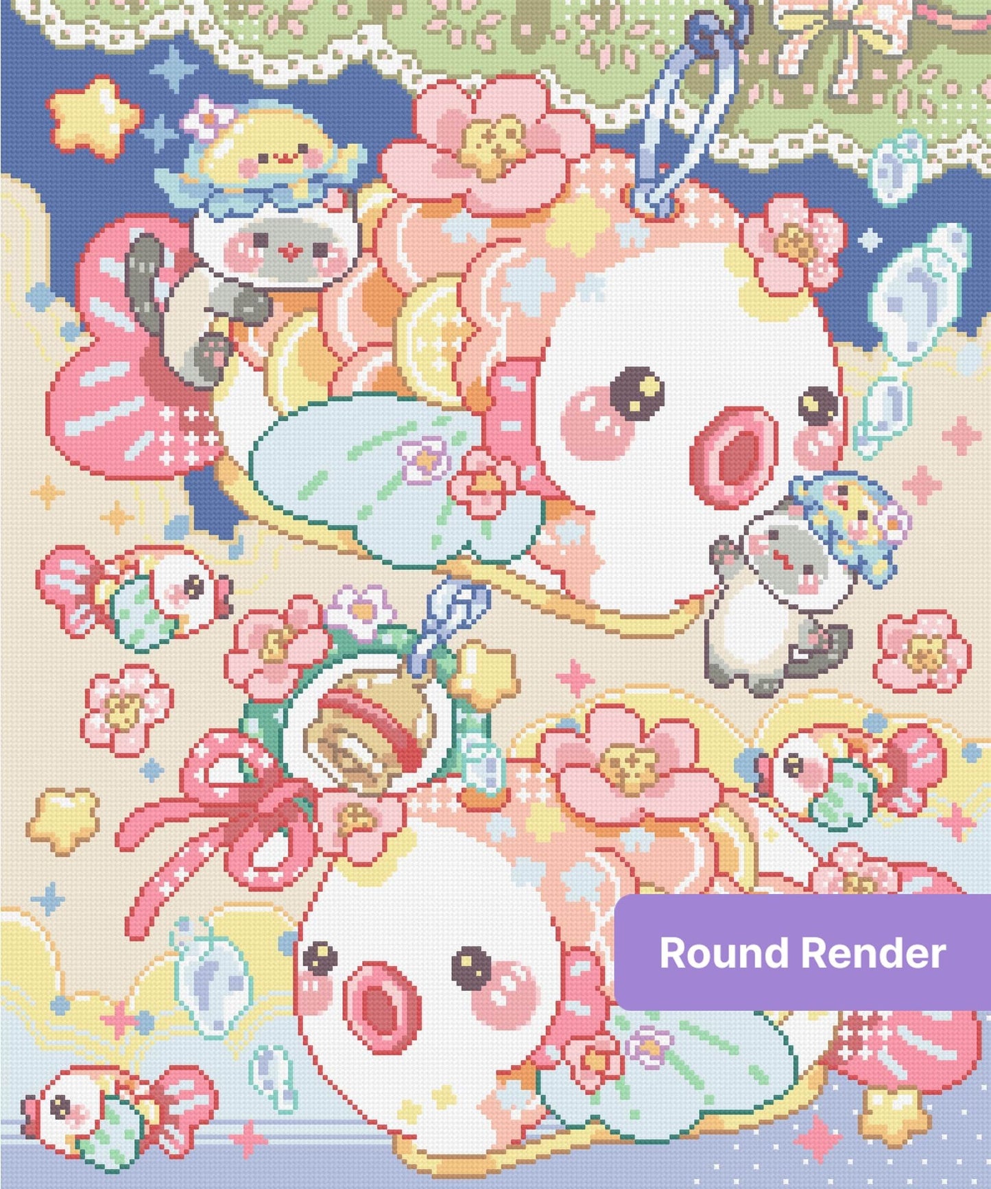Cute pastel ducks and pandas with flowers in a whimsical kawaii cartoon style
