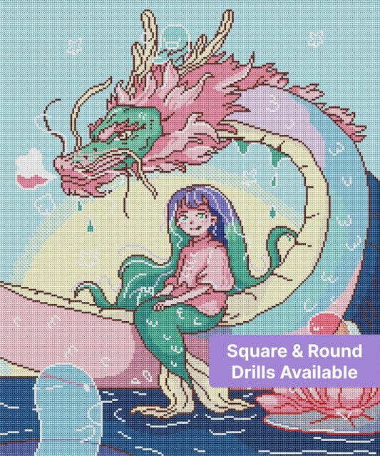 Fantasy girl sitting beside a pastel dragon in a whimsical anime style