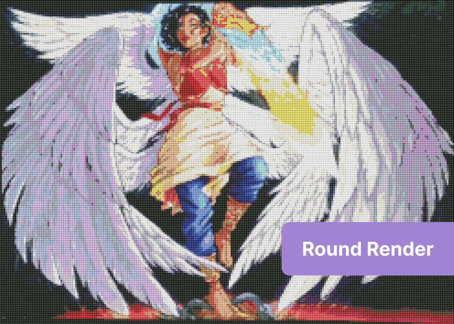Fantasy angel warrior with large wings and glowing elemental flame energy