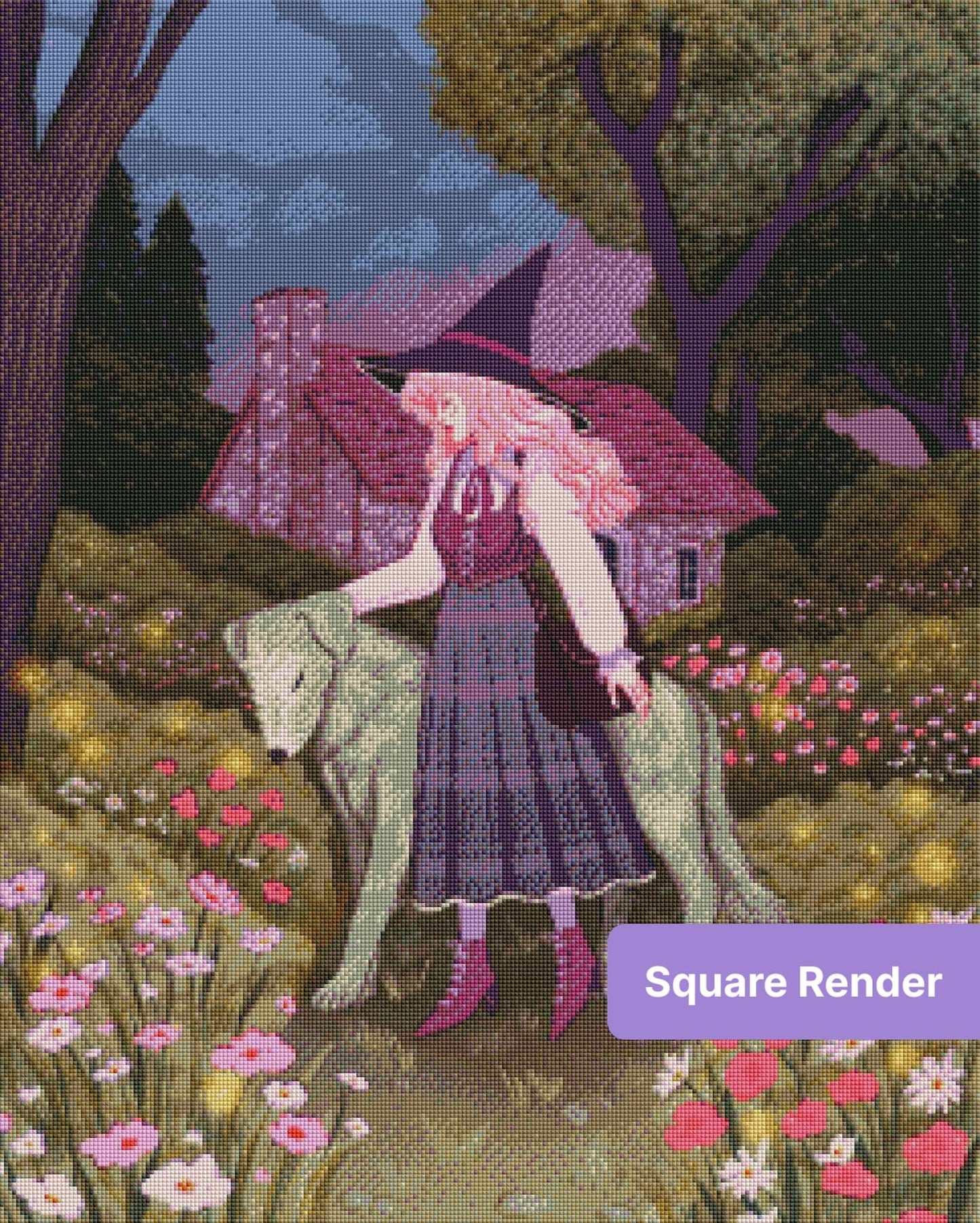 Witch girl with white dog in a flower-filled forest garden at dusk