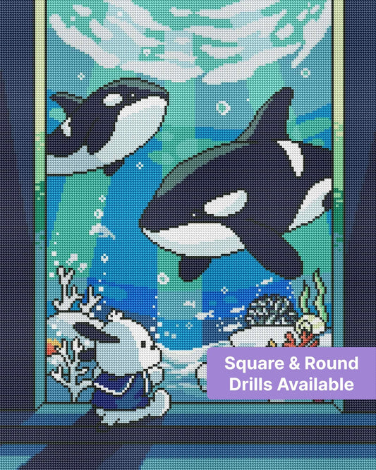 Cartoon orcas swimming underwater with a bunny, coral reef, and ocean blues
