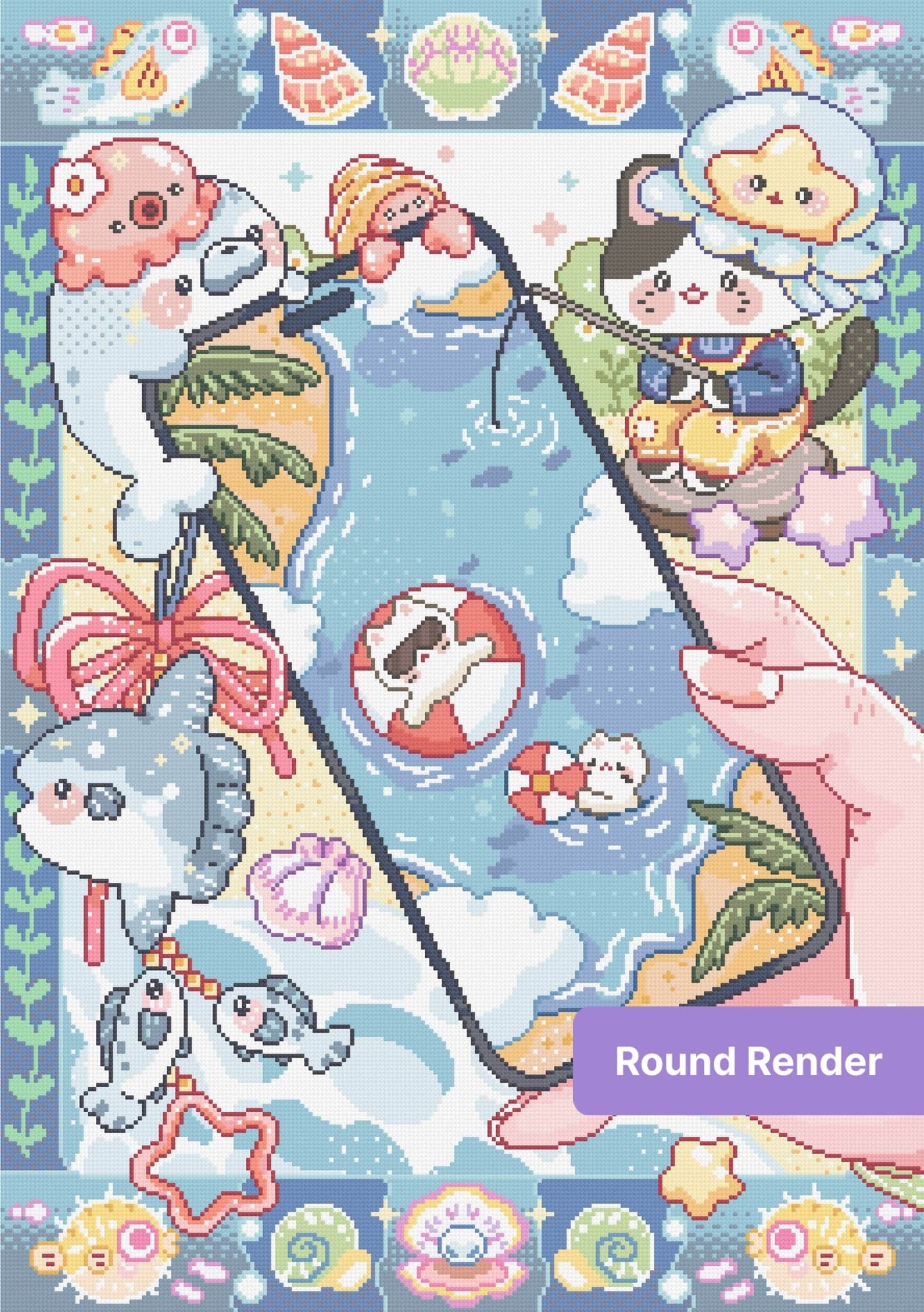 Cute kawaii ocean animal diamond painting with pastel shells, fish, and blue seaside scene