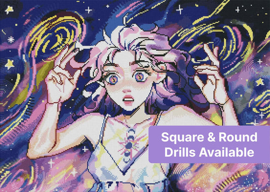 Anime-style celestial girl with swirling cosmic colors and starry fantasy background