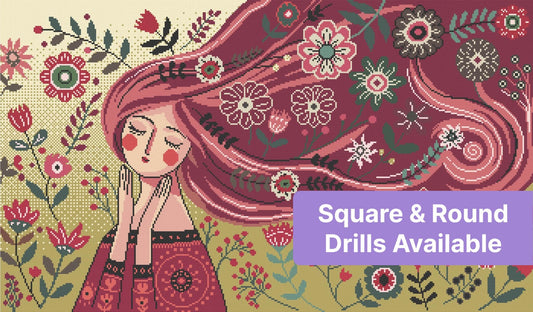 Whimsical girl with flowing red hair surrounded by colorful folk art flowers