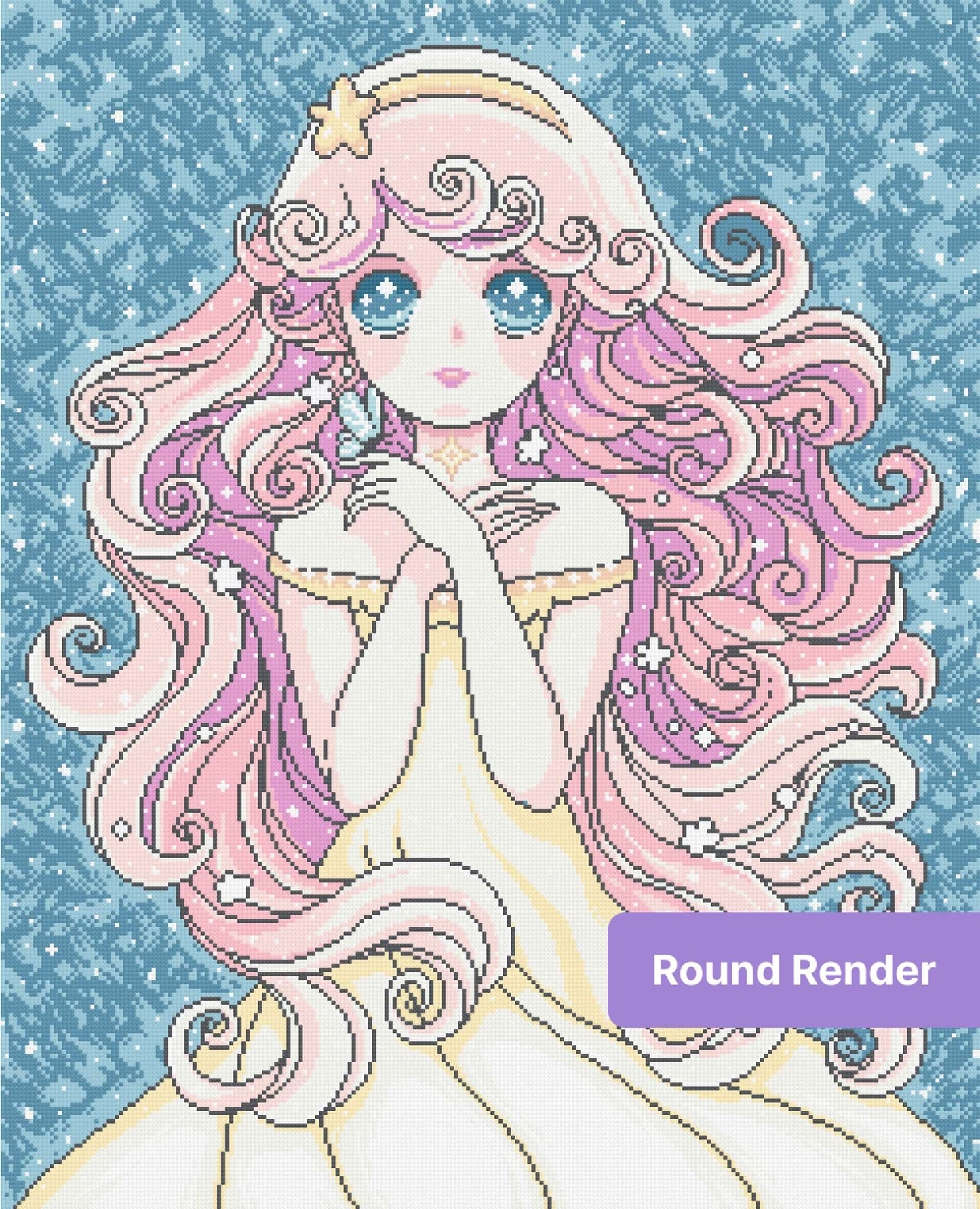 Anime-style pink-haired princess with starry blue background and pastel fantasy details