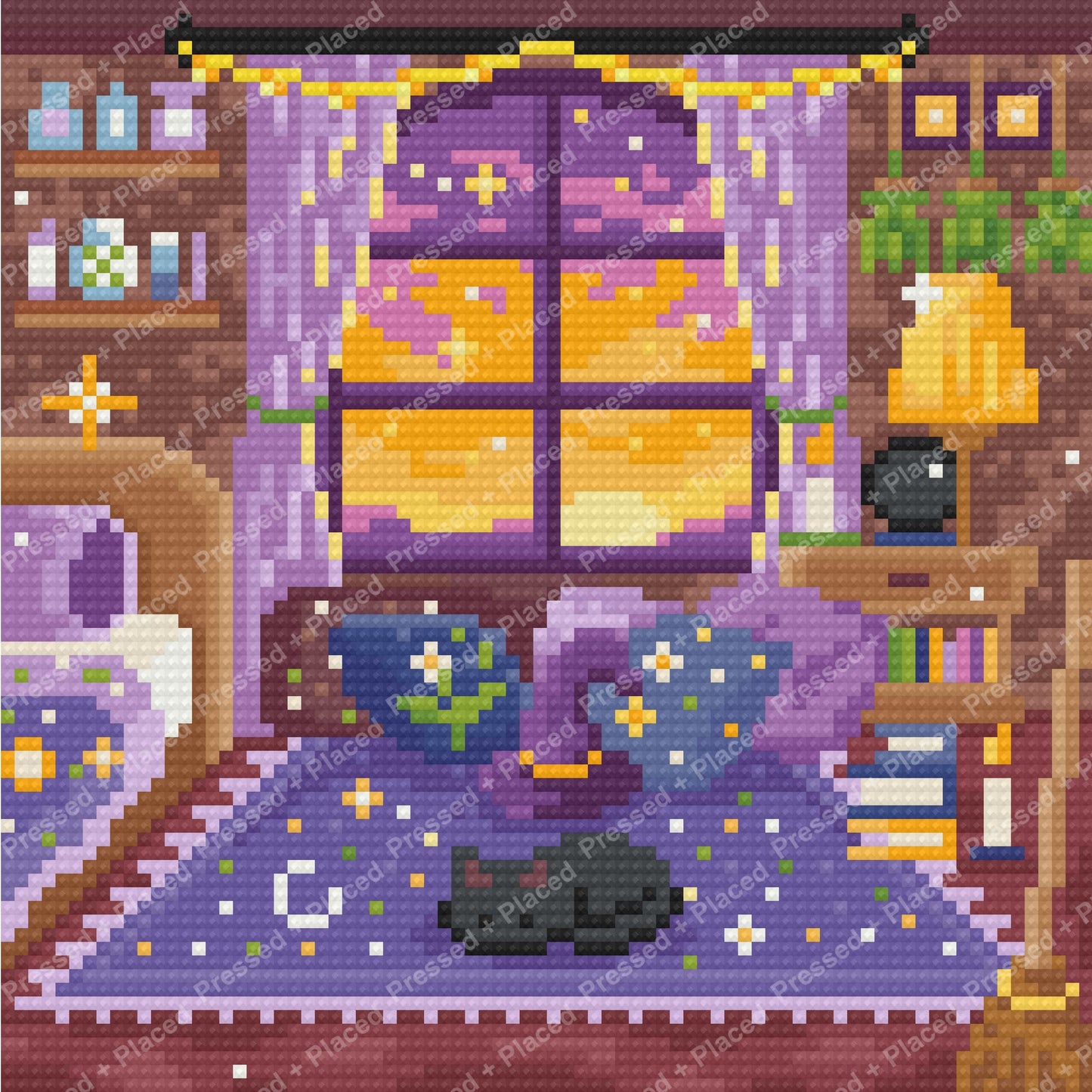 Cozy purple bedroom scene with glowing window, shelves, books, and a cat at night
