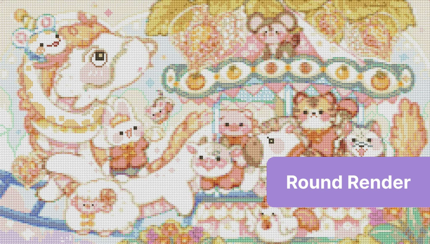 Cute pastel animal carousel with kawaii characters, hearts, flowers, and a dreamy fairground theme