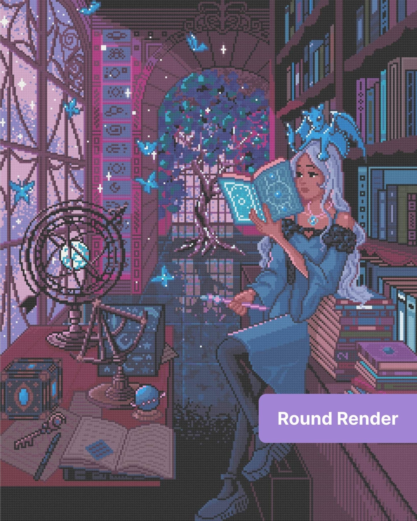 Fantasy girl reading in a magical library with a tiny dragon, glowing butterflies, and celestial decor