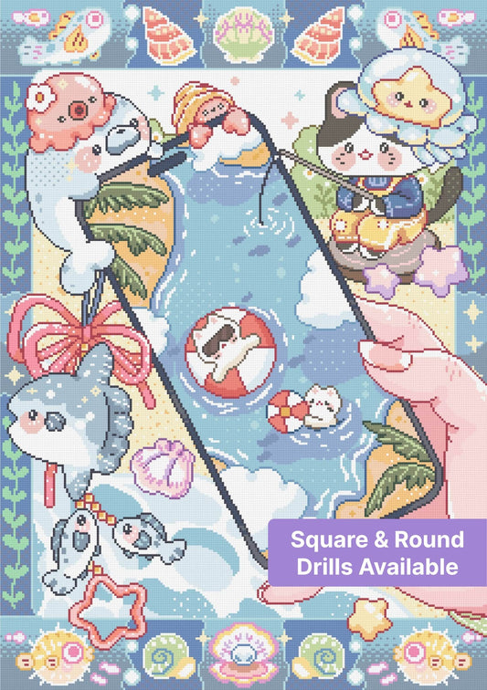 Cute kawaii ocean animal diamond painting with pastel shells, fish, and blue seaside scene