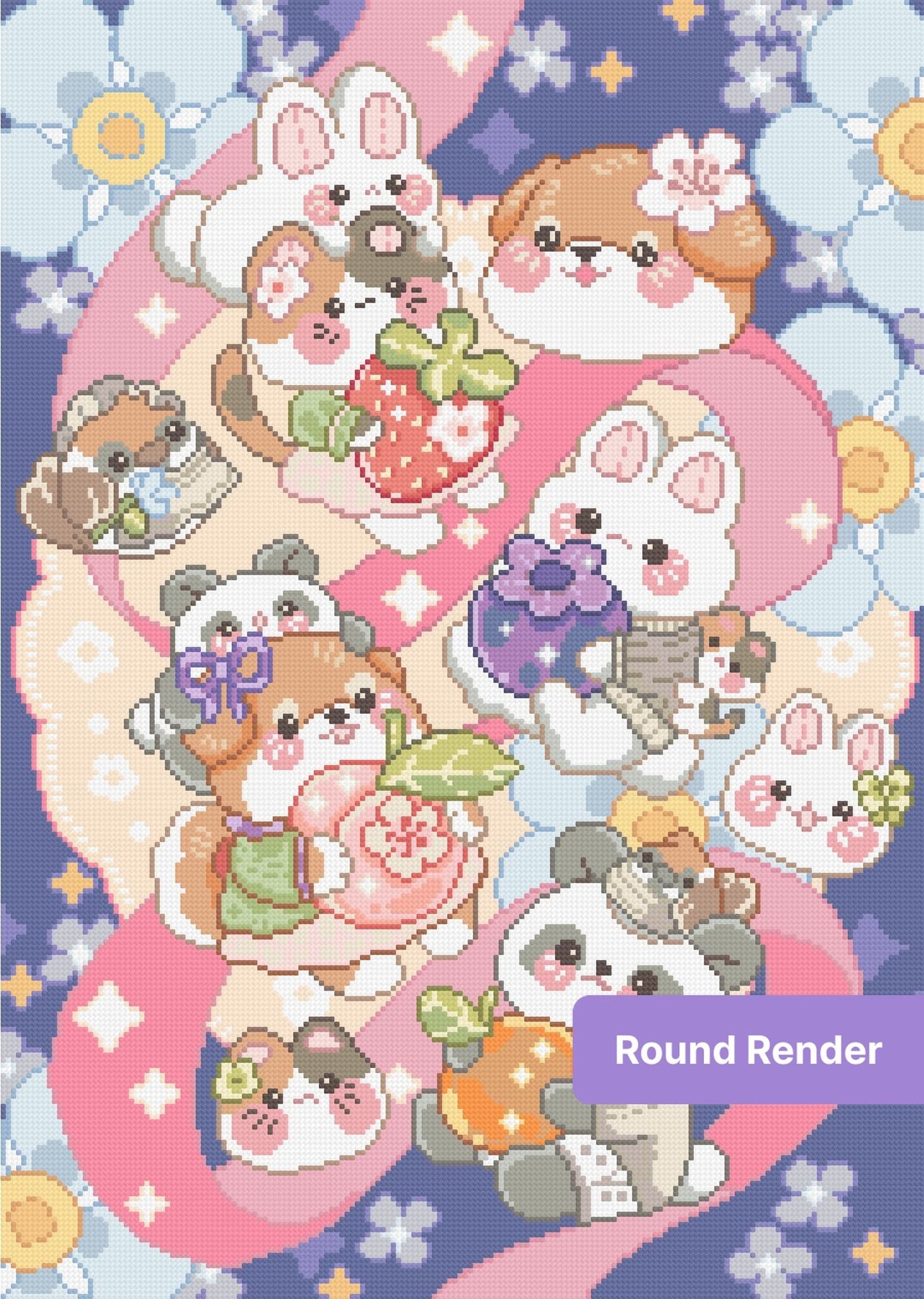 Cute pastel kawaii animals with flowers, ribbons, and strawberries in a dreamy cartoon style