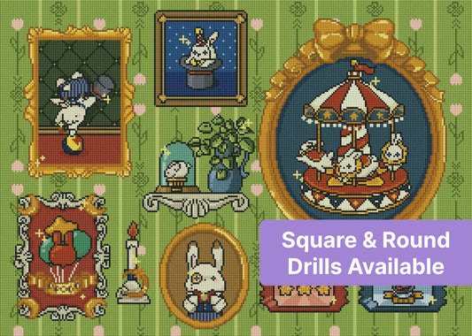 Whimsical bunny circus artwork with vintage frames, gold accents, and pastel carnival scenes