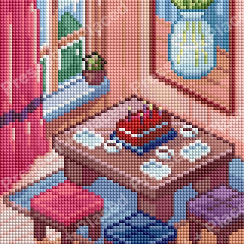 Cozy pastel dollhouse room with tiny furniture and decorative details, diamond art style