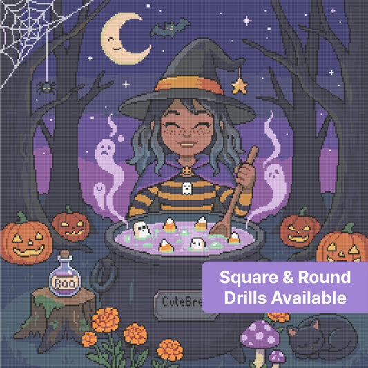 Cute witch in a Halloween scene with pumpkins, ghosts, bats, and a glowing cauldron