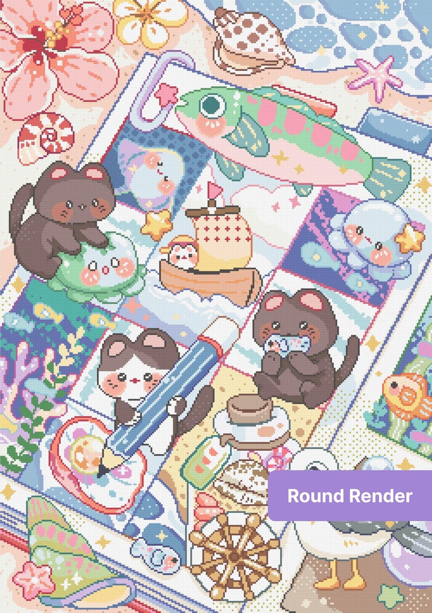 Kawaii sea animals in a colorful pastel patchwork diamond painting design