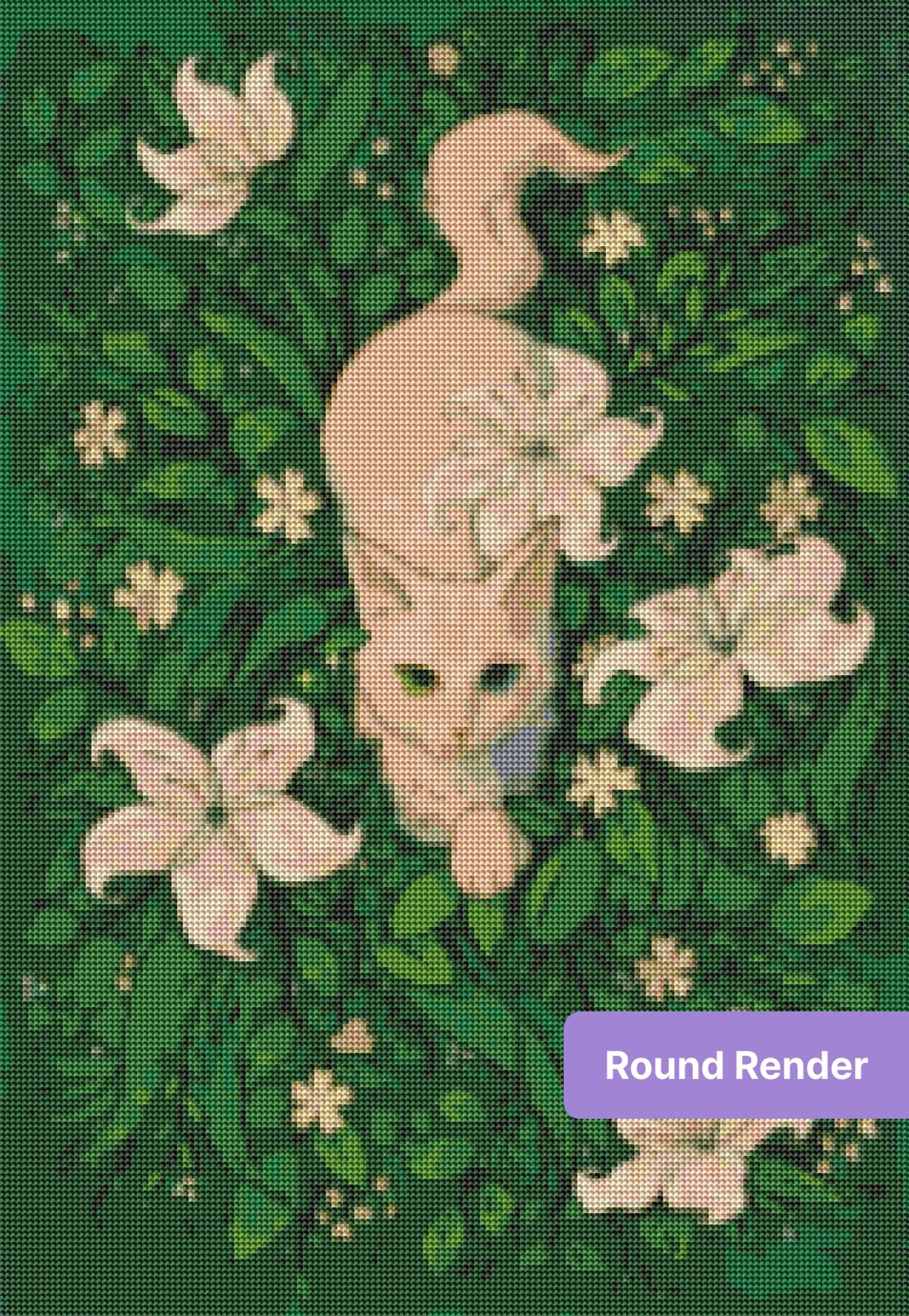 White cat with floral garden design, surrounded by lush green leaves and white blossoms