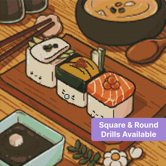 Cute kawaii sushi art with smiling rolls, warm wood table, and Japanese food details