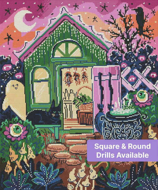Whimsical cottage garden with moon, flowers, and dark fantasy-style decorative details