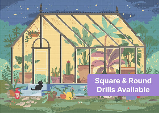 Illustrated greenhouse garden with potted plants, a black cat, and a warm nighttime glow