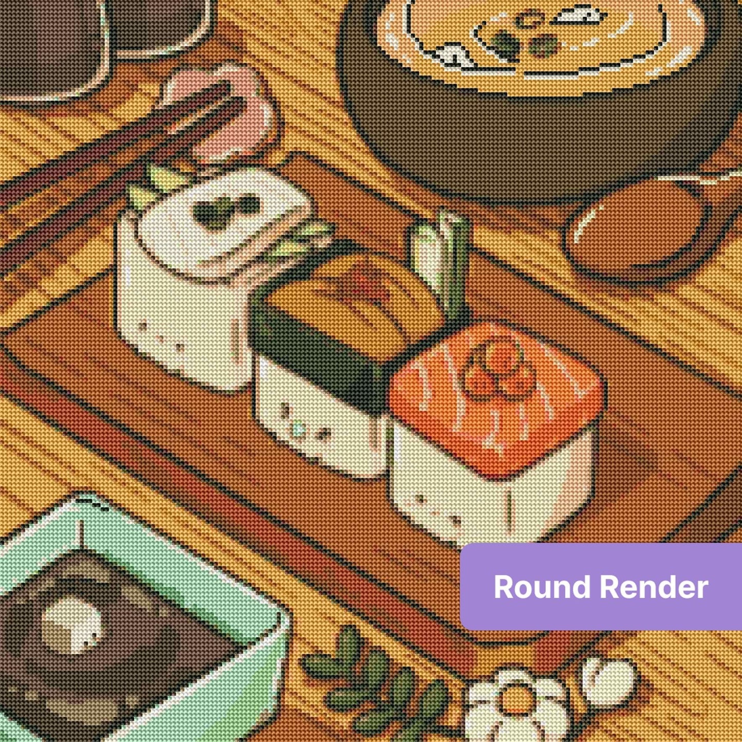 Cute kawaii sushi art with smiling rolls, warm wood table, and Japanese food details