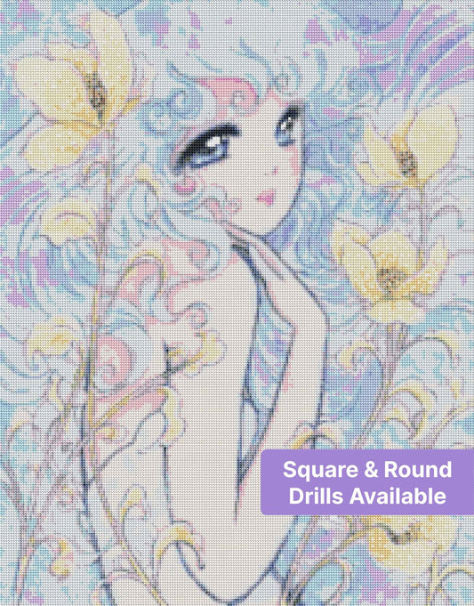 Pastel fairy girl surrounded by yellow flowers in a soft lavender fantasy style