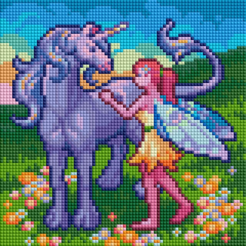 Four fantasy fairy diamond painting designs with pastel colors, unicorns, and magical midsummer scenes