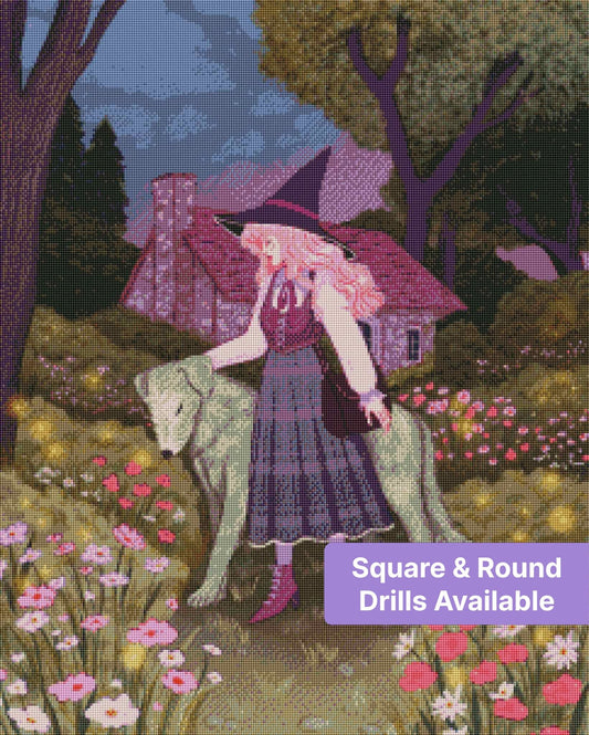 Witch girl with white dog in a flower-filled forest garden at dusk