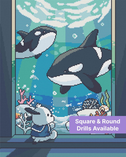 Cartoon orcas swimming underwater with a bunny, coral reef, and ocean blues