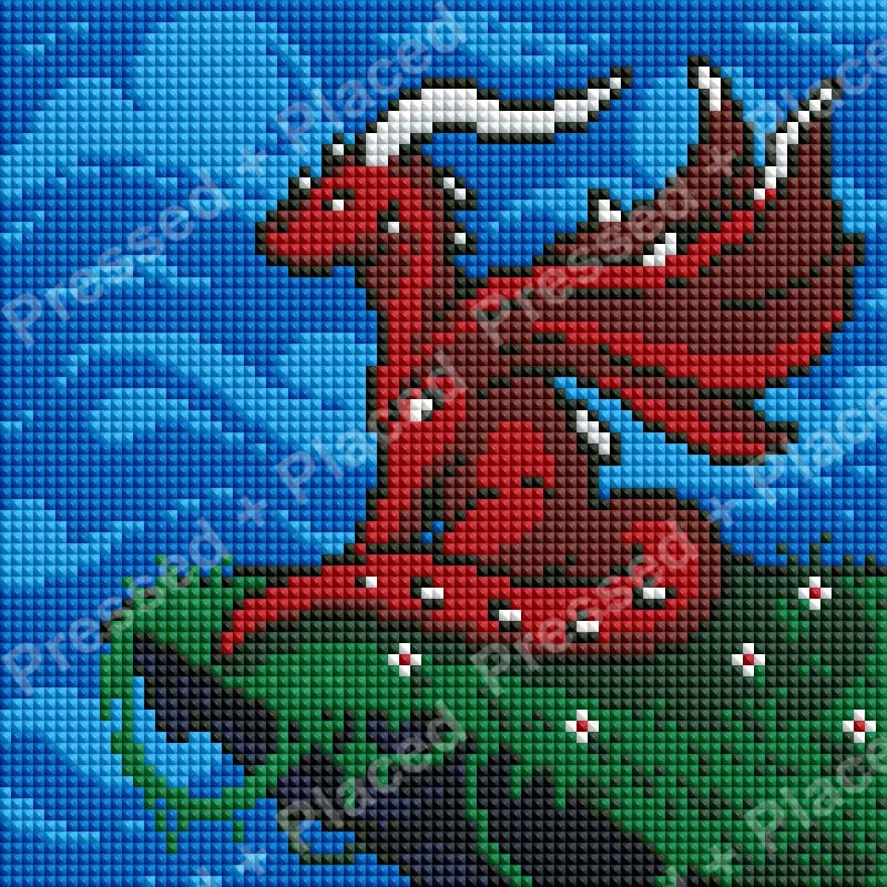 Red dragon pixel art on a green rock against a blue background
