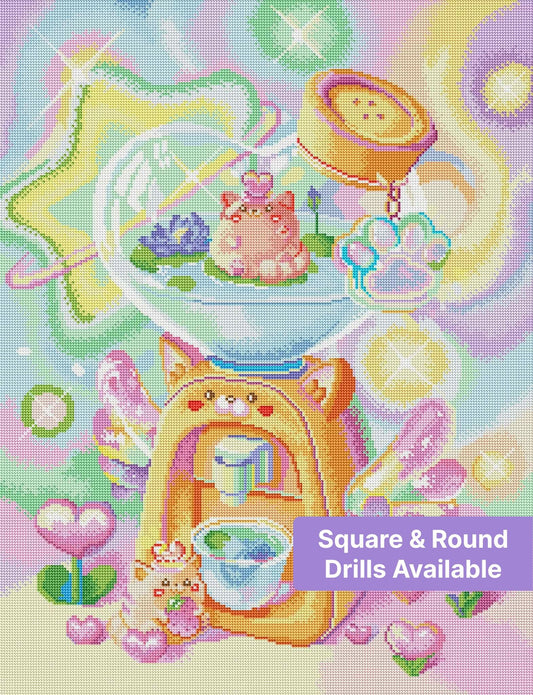 Cute pastel cat-themed diamond painting art with hearts, flowers, and rainbow colors