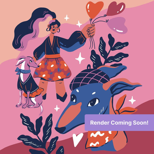 Whimsical boho girl with dog and heart balloons in colorful flat illustration style