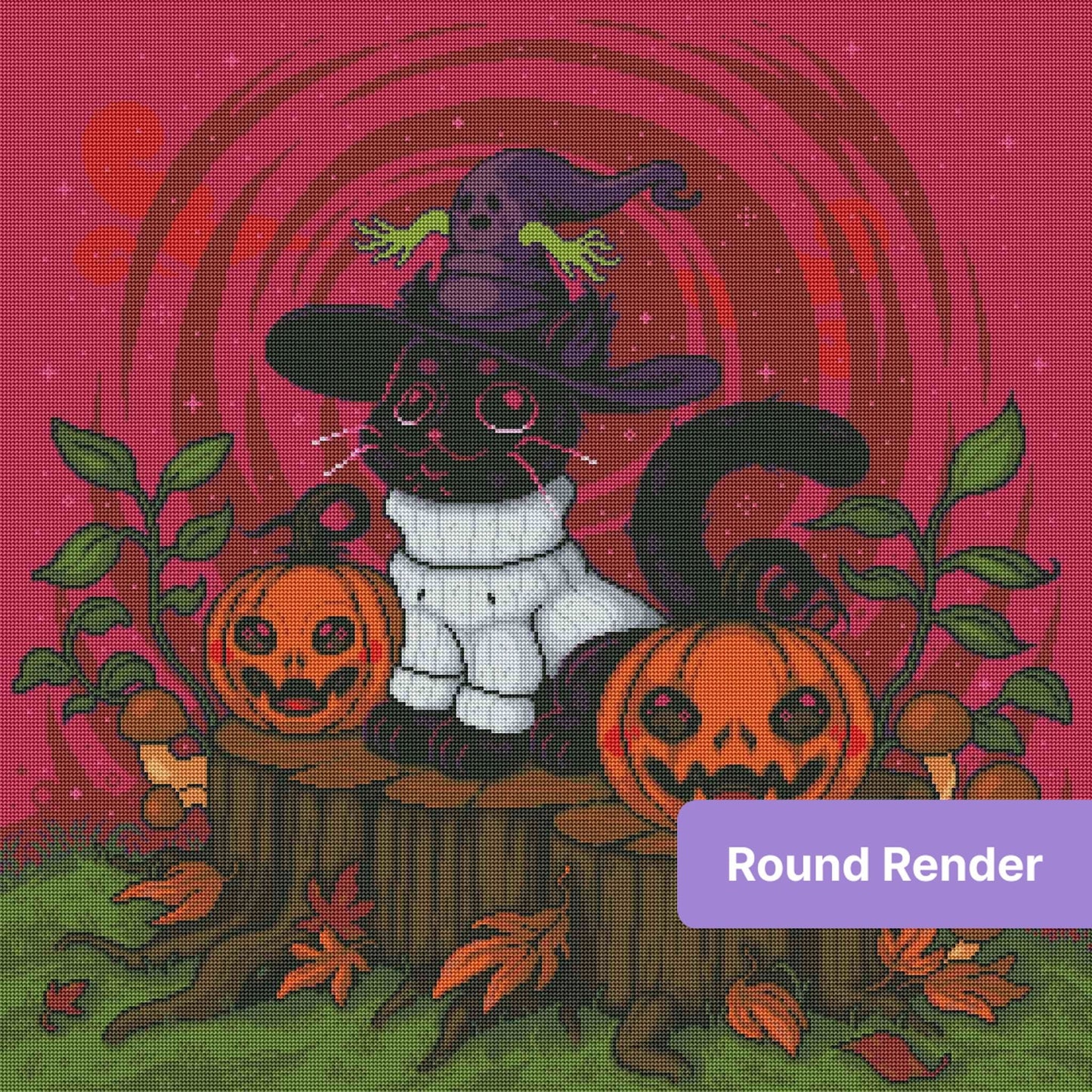 Pixel-style witch cat with pumpkins, autumn leaves, and a vibrant Halloween backdrop