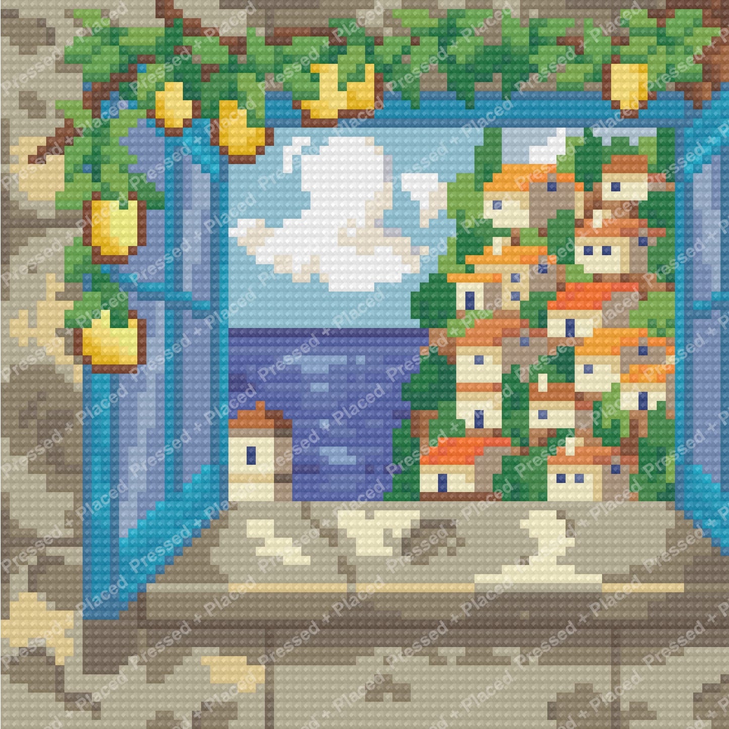 Mosaic-style coastal village with colorful rooftops, blue sea, and bright sky