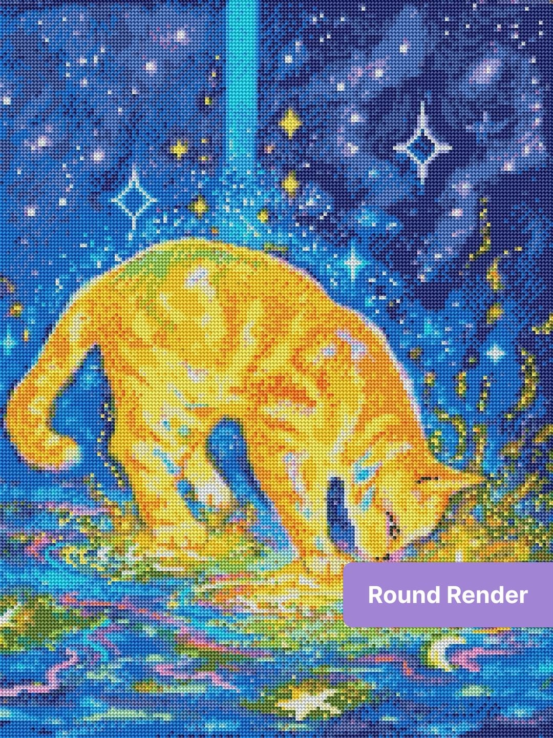 Glowing orange cat in a neon galaxy scene with stars and swirling water