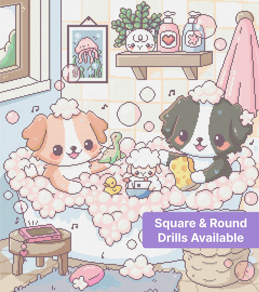 Cute pastel puppy bath scene with bubbles, soap, and cozy kawaii decor