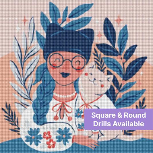Illustrated girl with cat, blue leaves, and floral accents in a whimsical pastel style