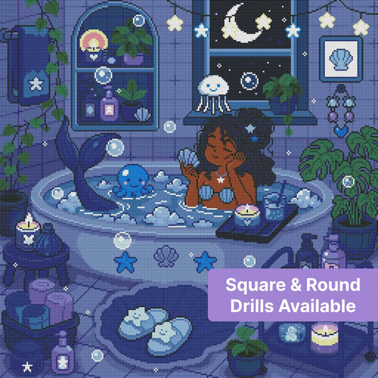 Mermaid bathing in a moonlit fantasy room with shells, stars, candles, and pastel blue tones