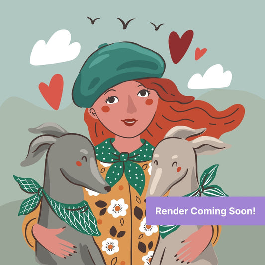 Folk art girl with two goats, hearts, and clouds in a soft whimsical style