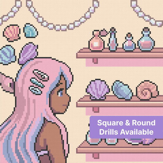 Pastel mermaid girl with seashells and bottles in a whimsical fantasy style