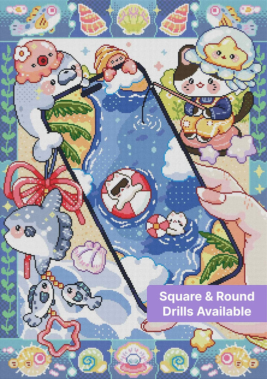 Cute kawaii ocean animal diamond painting with pastel shells, fish, and blue seaside scene