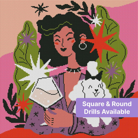 Stylized woman with curly hair holding a fluffy dog, surrounded by bold leaves and starbursts