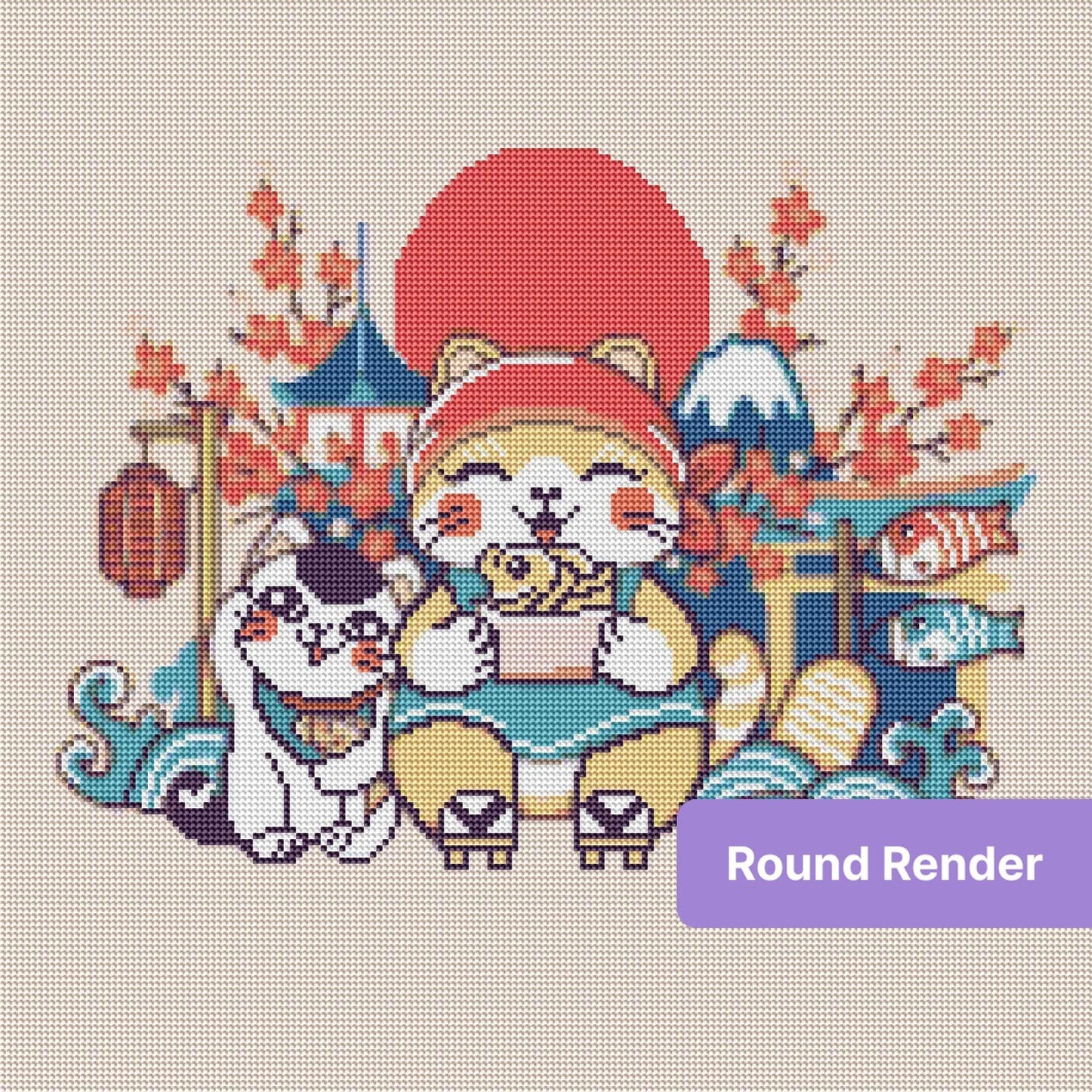 Cute Japanese-style cat scene with cherry blossoms, lanterns, koi fish, and waves