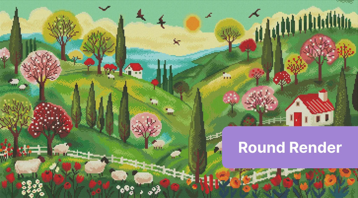 Colorful spring countryside landscape with sheep, flowering trees, cottages, and rolling hills