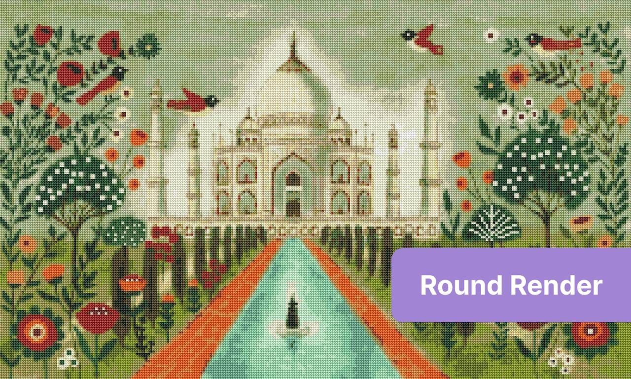 Whimsical Taj Mahal garden scene with birds, flowers, and soft green tones
