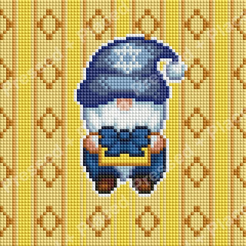 Blue gnome holding a gift box on a yellow patterned diamond art background
