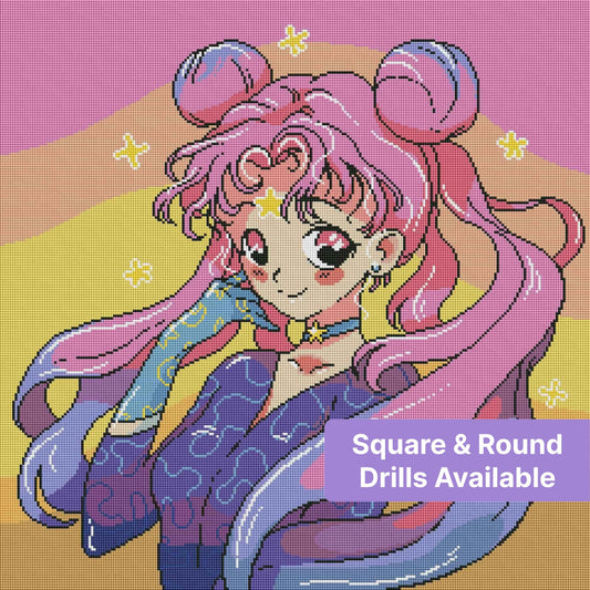 Cute anime girl with pink-purple hair, pastel colors, and star accents in kawaii style