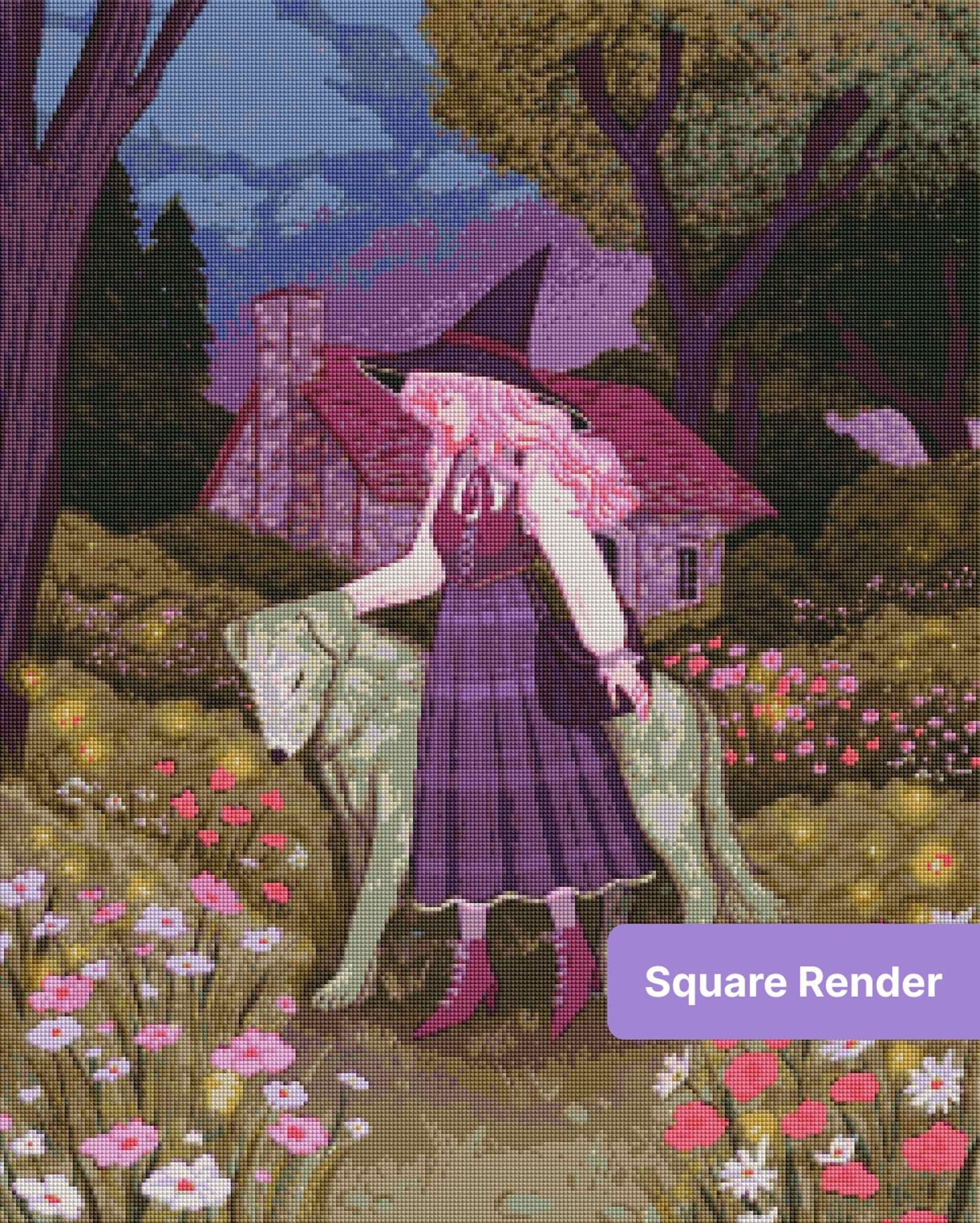 Witch girl with white dog in a flower-filled forest garden at dusk